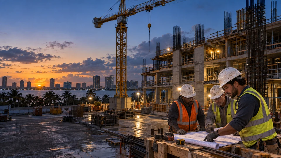 Three construction professionals reviewing plans at a South Florida building site at dusk