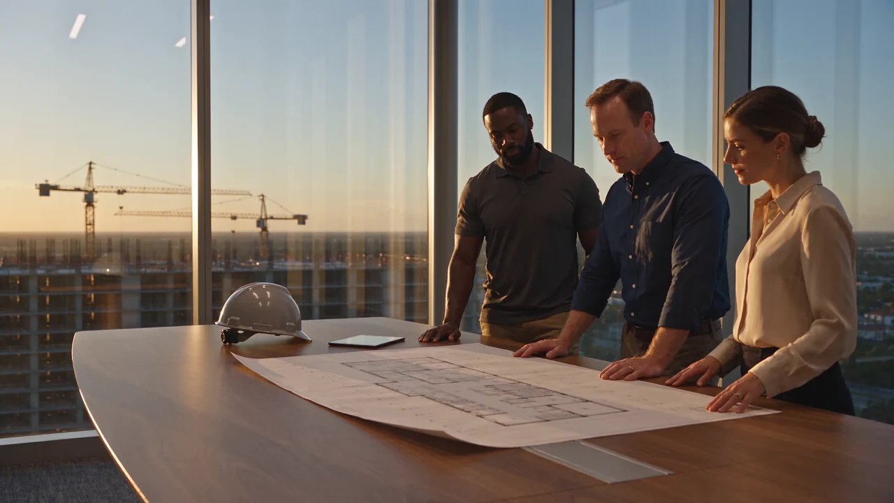 Three construction professionals reviewing architectural plans in a sunlit project office